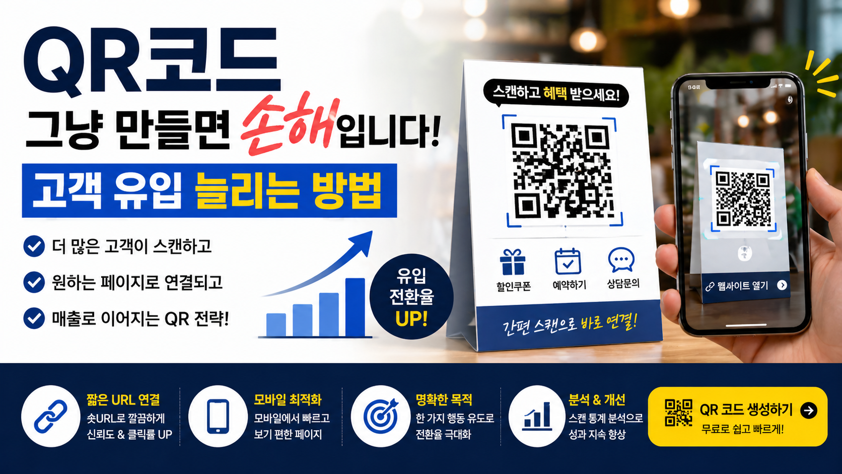 QR코드 활용 여부에 따른 고객 유입과 전환율 차이를 보여주는 마케팅 이미지