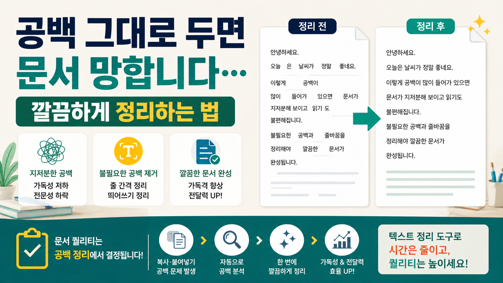 공백 정리 전과 후를 비교하여 문서 가독성과 전달력 차이를 보여주는 이미지