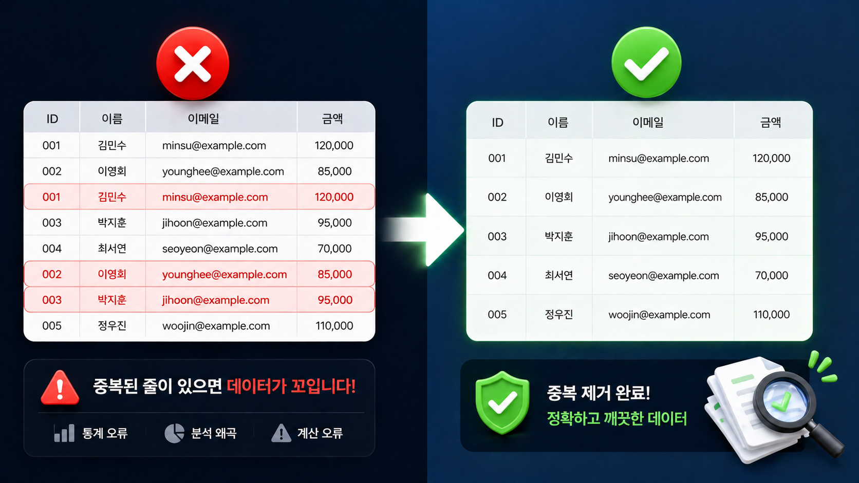 중복 데이터가 포함된 표와 제거된 표를 비교하여 데이터 정확성 차이를 보여주는 이미지