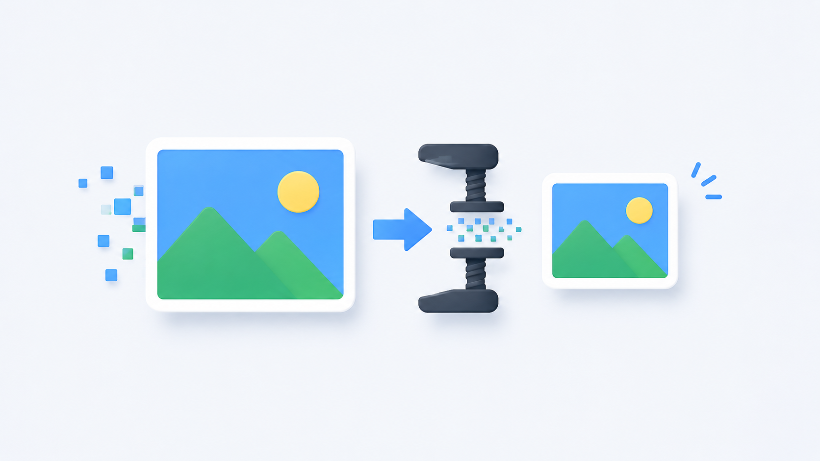 이미지 압축 과정을 심플한 아이콘 스타일로 표현한 미니멀 16대9 이미지