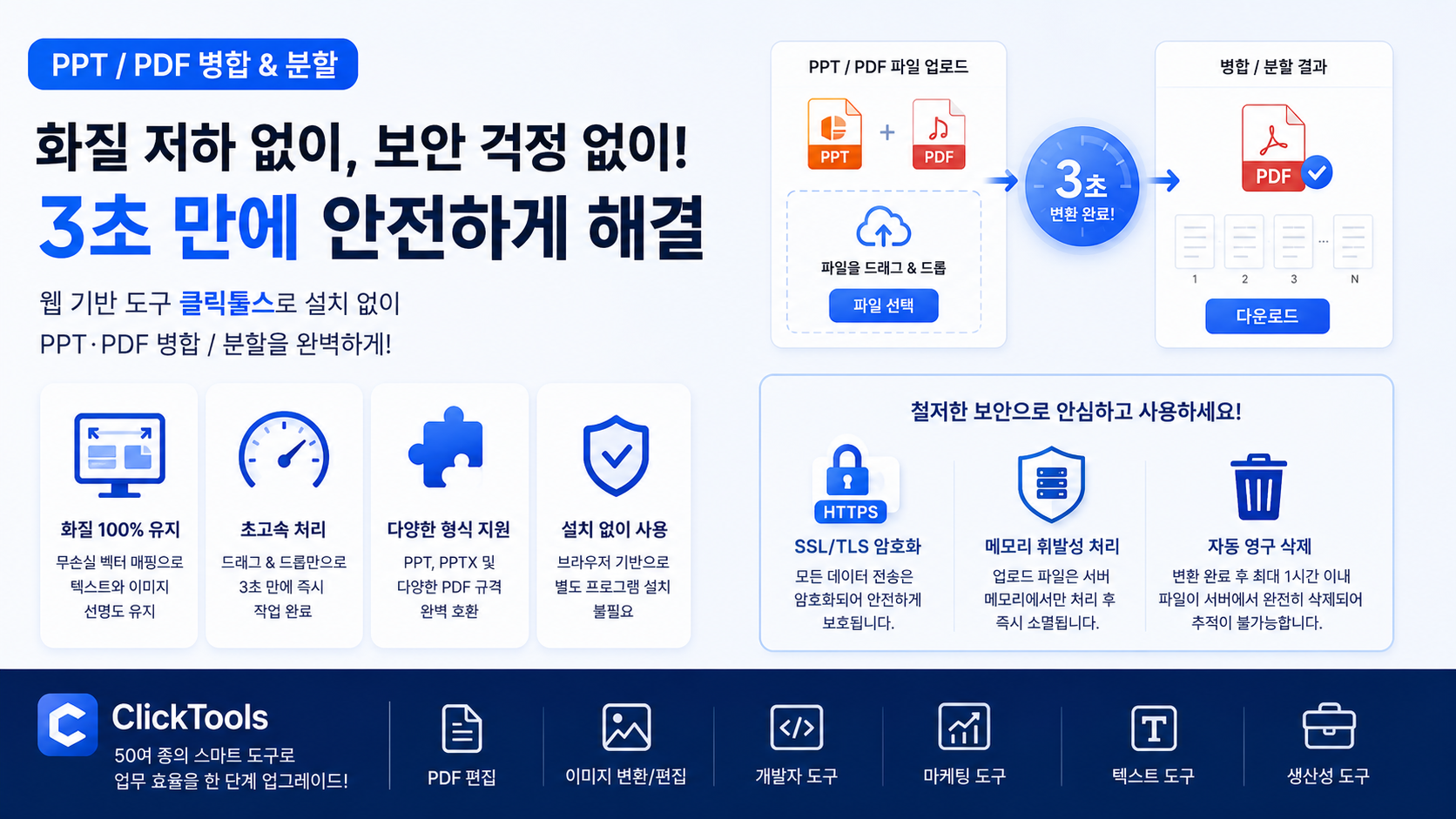 PPT와 PDF 문서의 합치기 및 나누기 작업을 직관적으로 표현한 그래픽